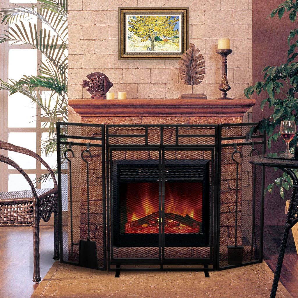 Black 3 Panel Foldable Metal Fireplace Screen with Tools N977915