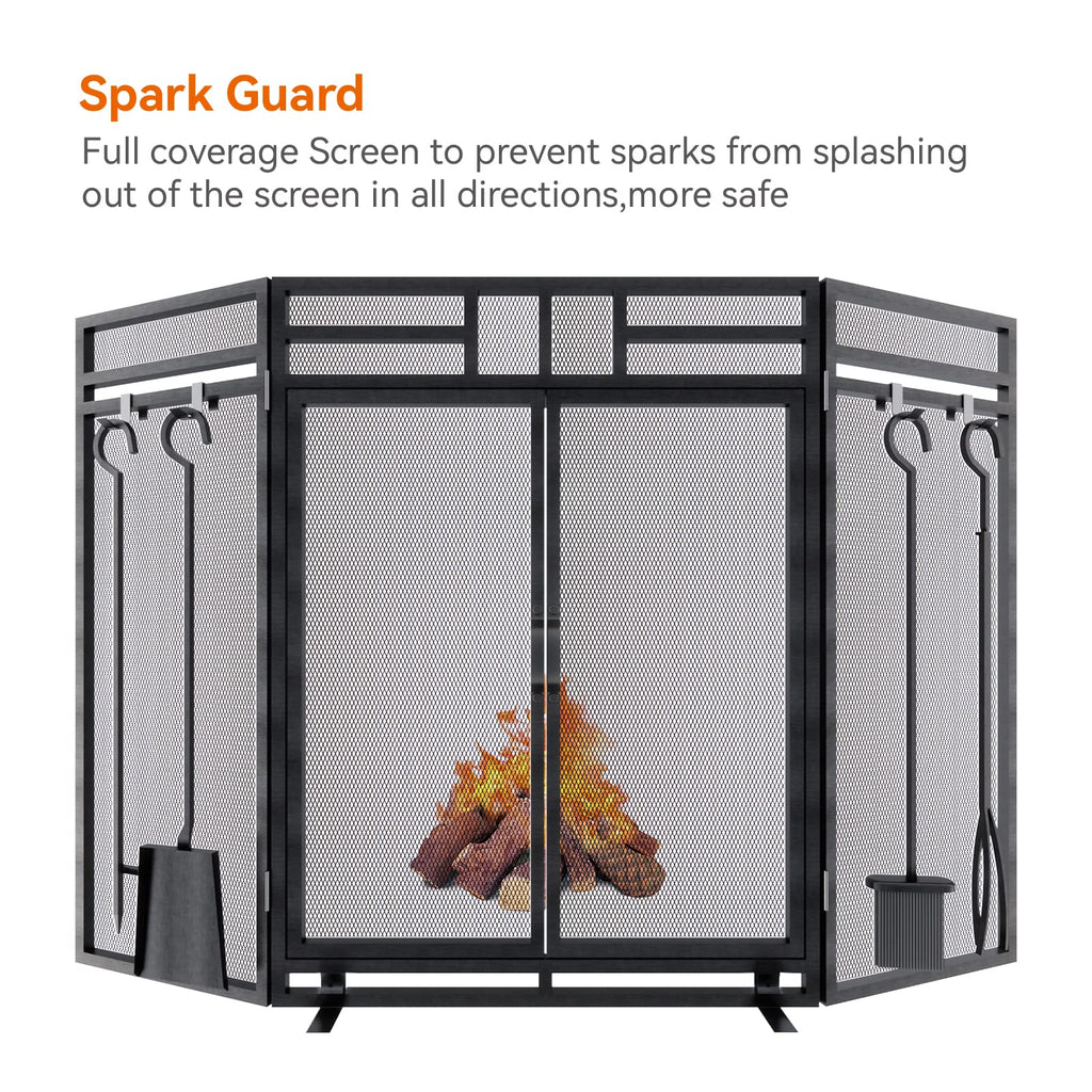 Black 3 Panel Foldable Metal Fireplace Screen with Tools N977915