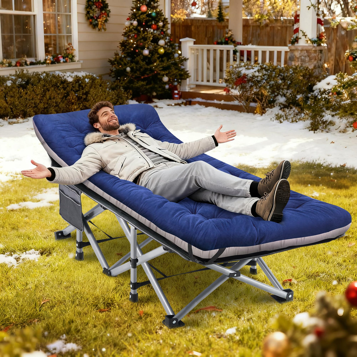 Blue Camping Cot with Cushion, Pillow and Carry Bag E57134