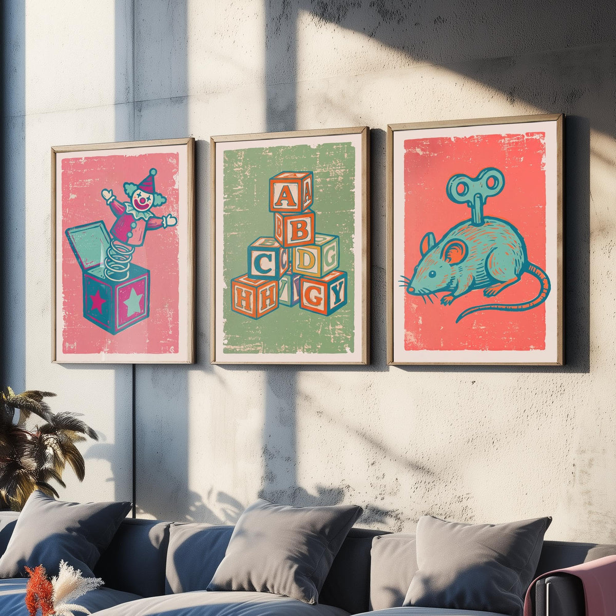 Art Prints Set of 3 Retro Linocut Style M22579