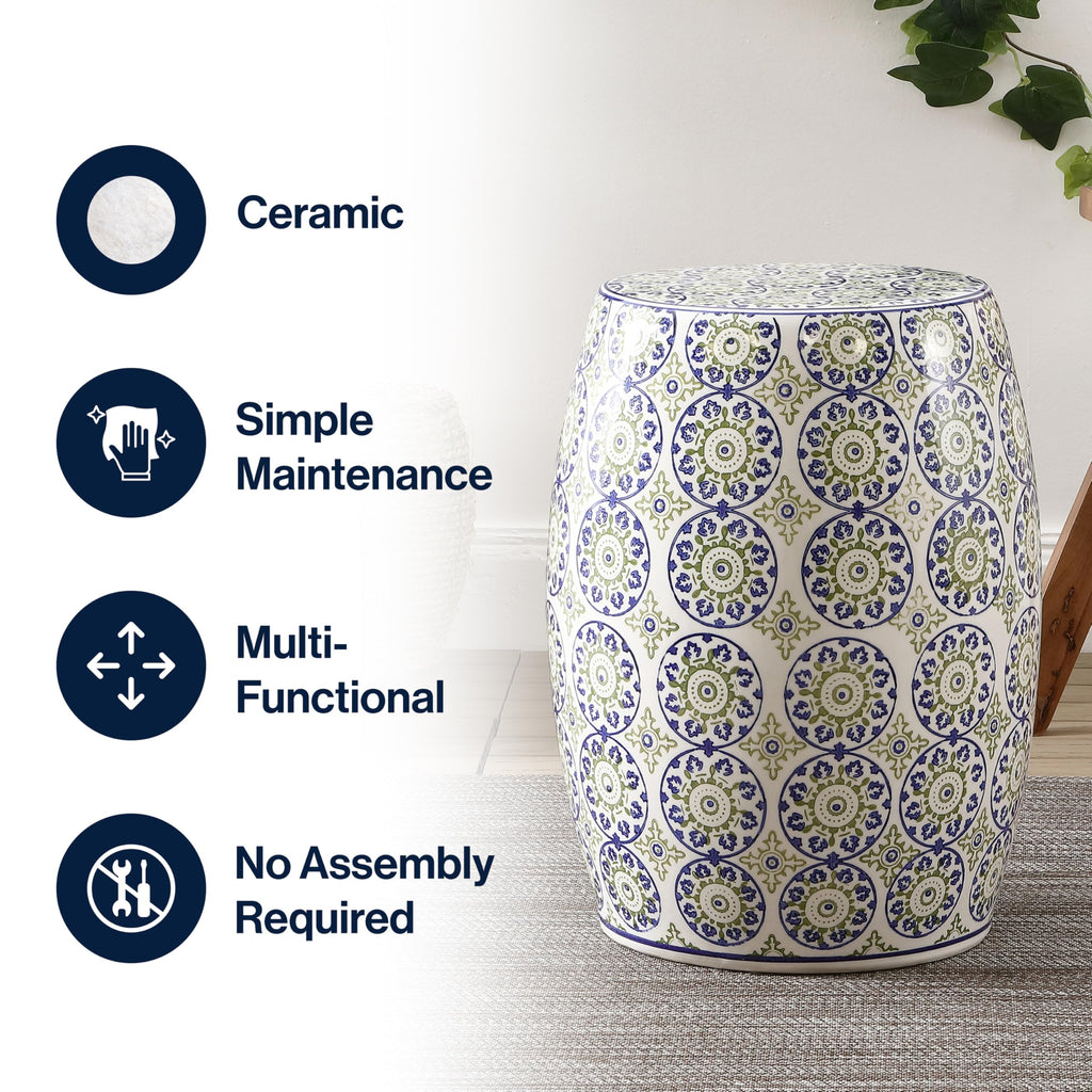 Blue Green Ceramic Drum Garden Stool S609351