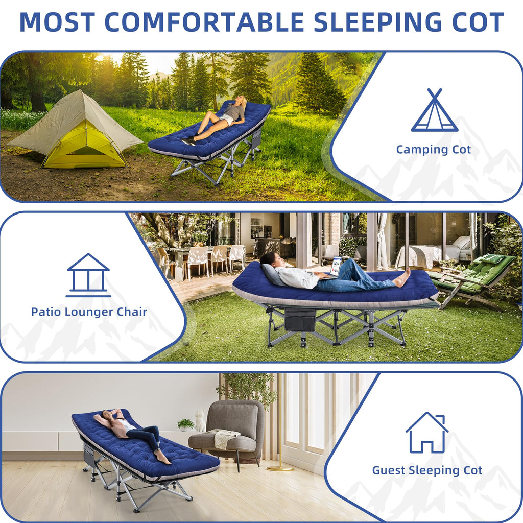 Blue Camping Cot with Cushion, Pillow and Carry Bag E57134