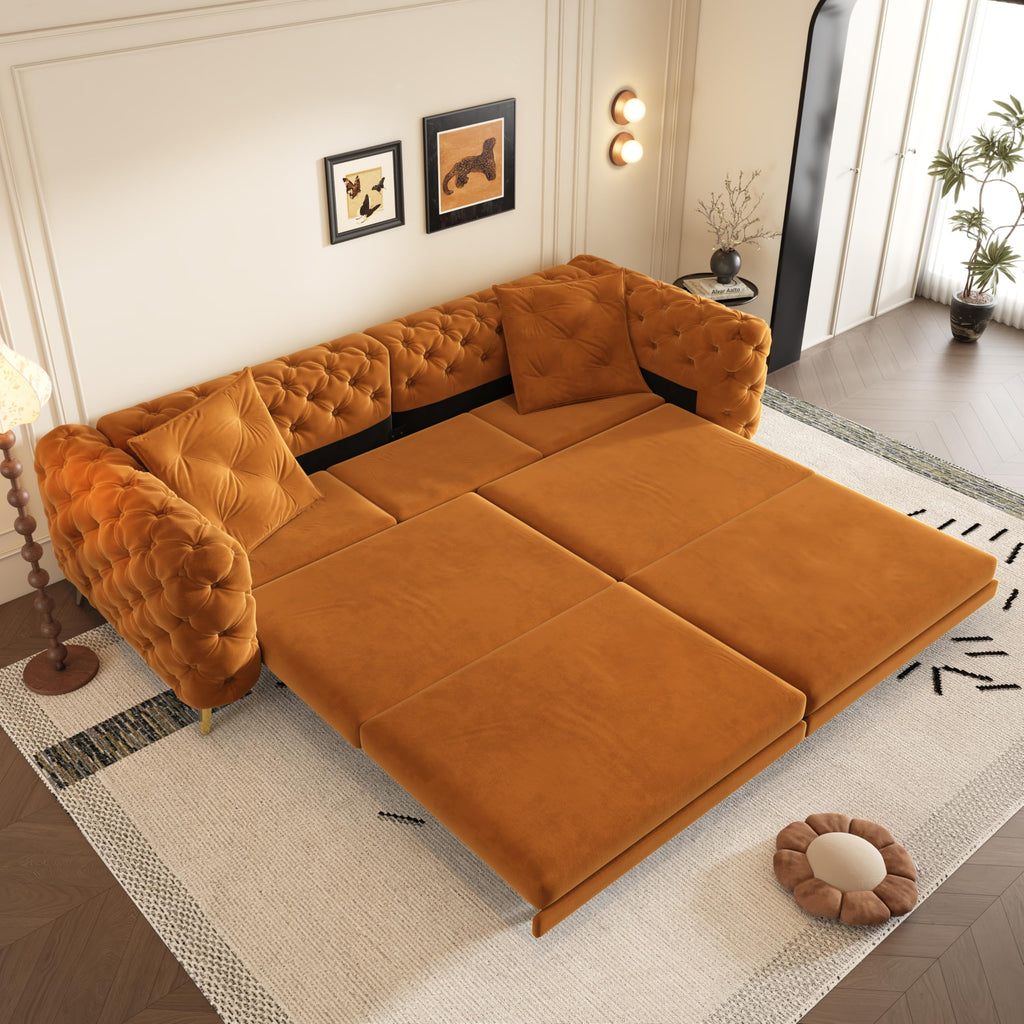97.7" 3-in-1 Convertible Sleeper Sofa, Tufted Velvet Pull-Out Sofa Bed with Ottoman Q550