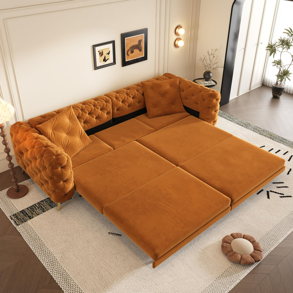 97.7" 3-in-1 Convertible Sleeper Sofa, Tufted Velvet Pull-Out Sofa Bed with Ottoman Q550