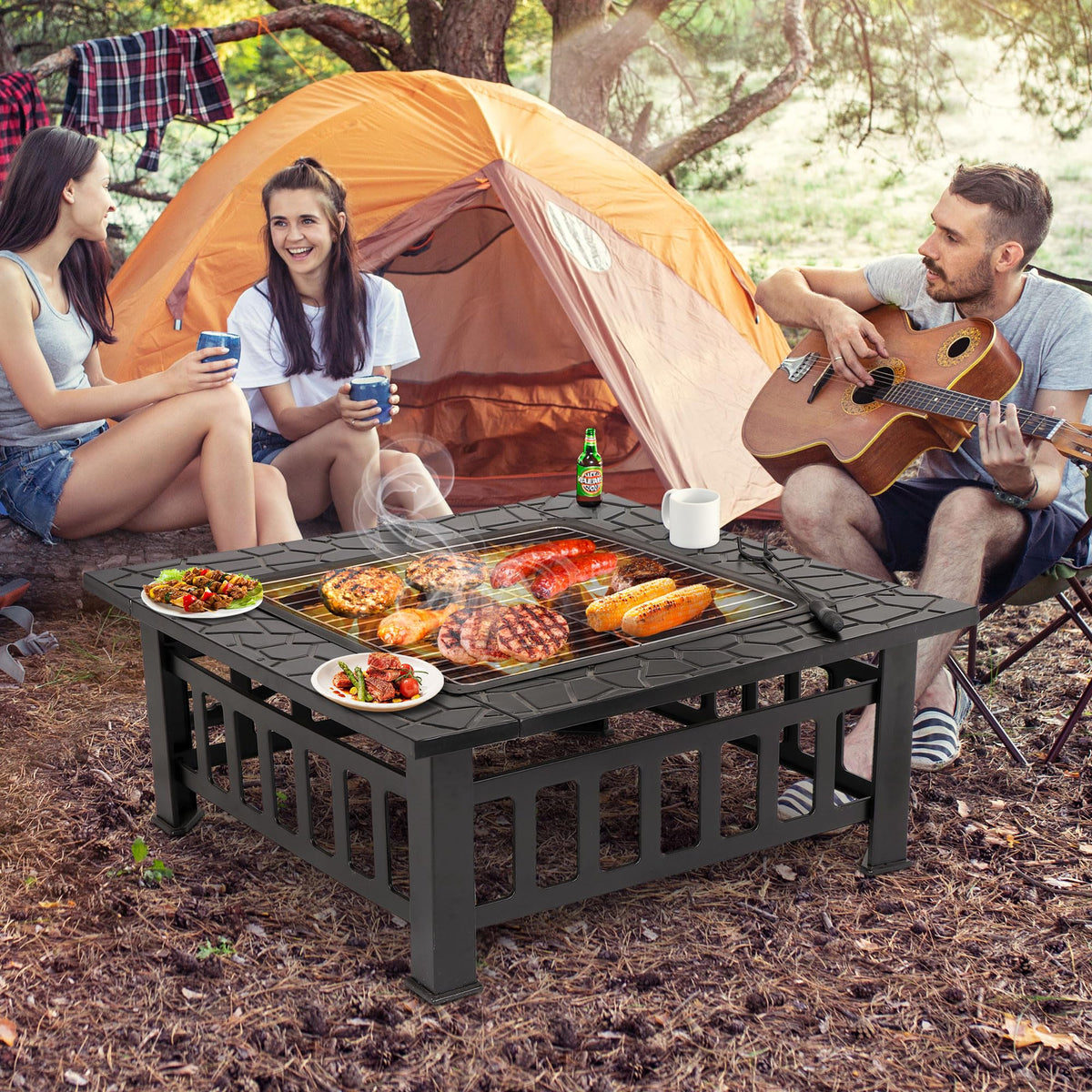 32 Inch Square Metal Outdoor Fire Pit with Spark Screen Lid and Waterproof Cover O834
