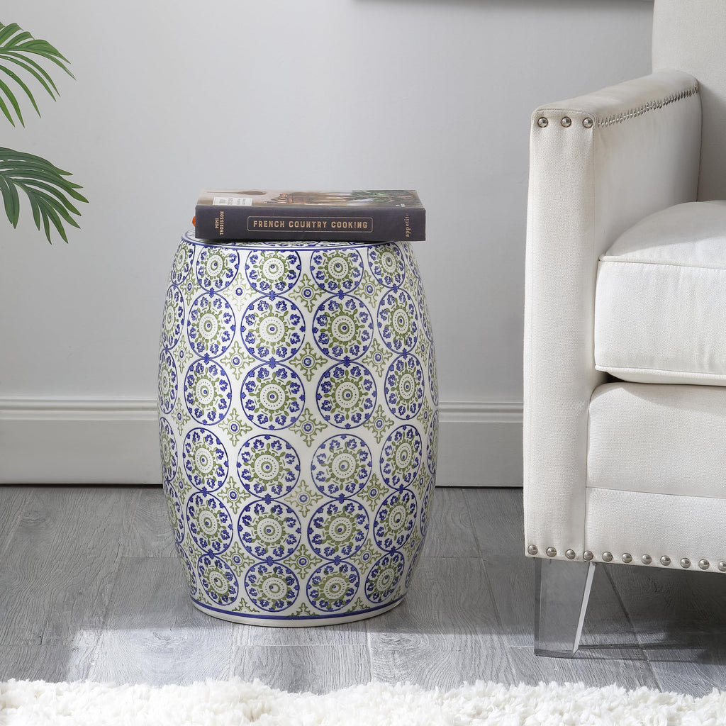 Blue Green Ceramic Drum Garden Stool S609351