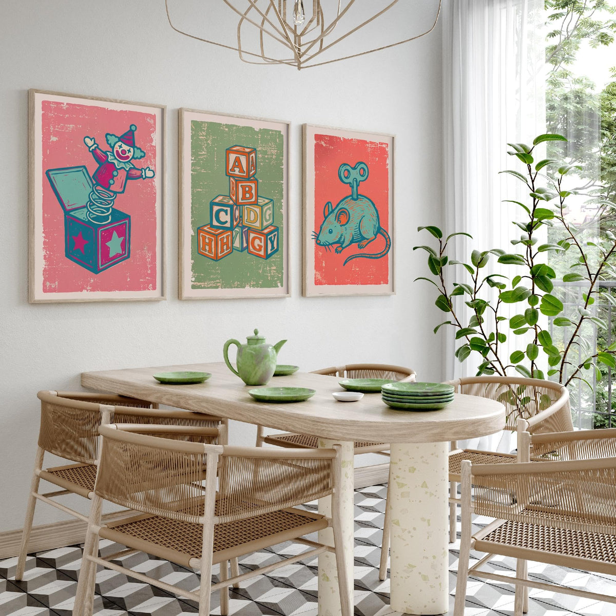 Art Prints Set of 3 Retro Linocut Style M22579