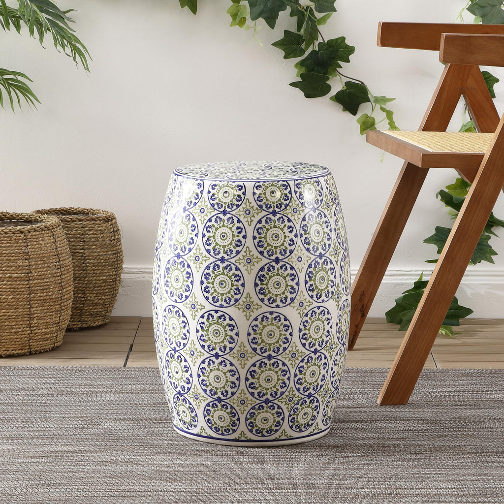 Blue Green Ceramic Drum Garden Stool S609351